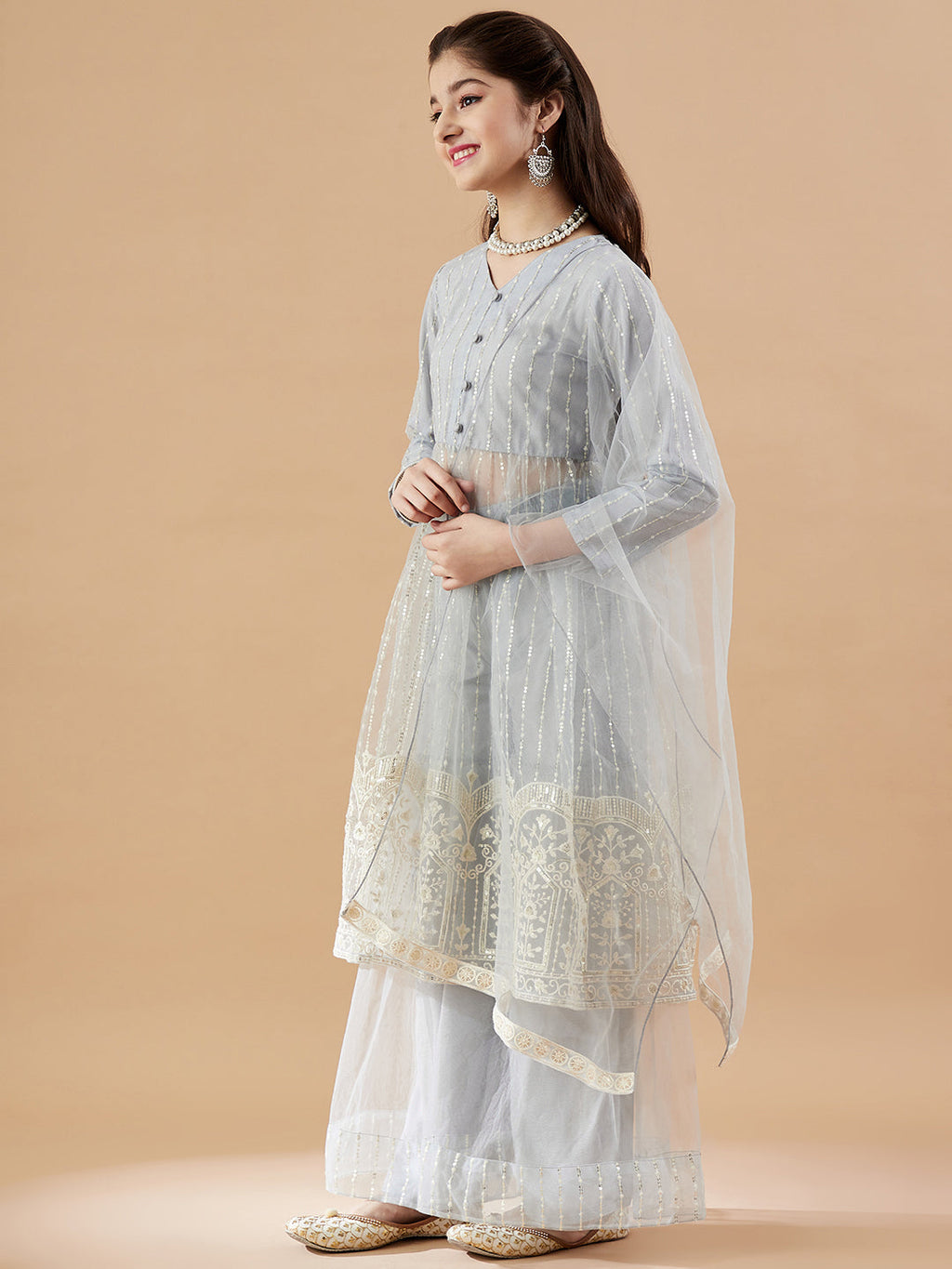 Girls Striped Embroidered Mesh Empire Sequinned Kurta & Sharara & Dupatta
