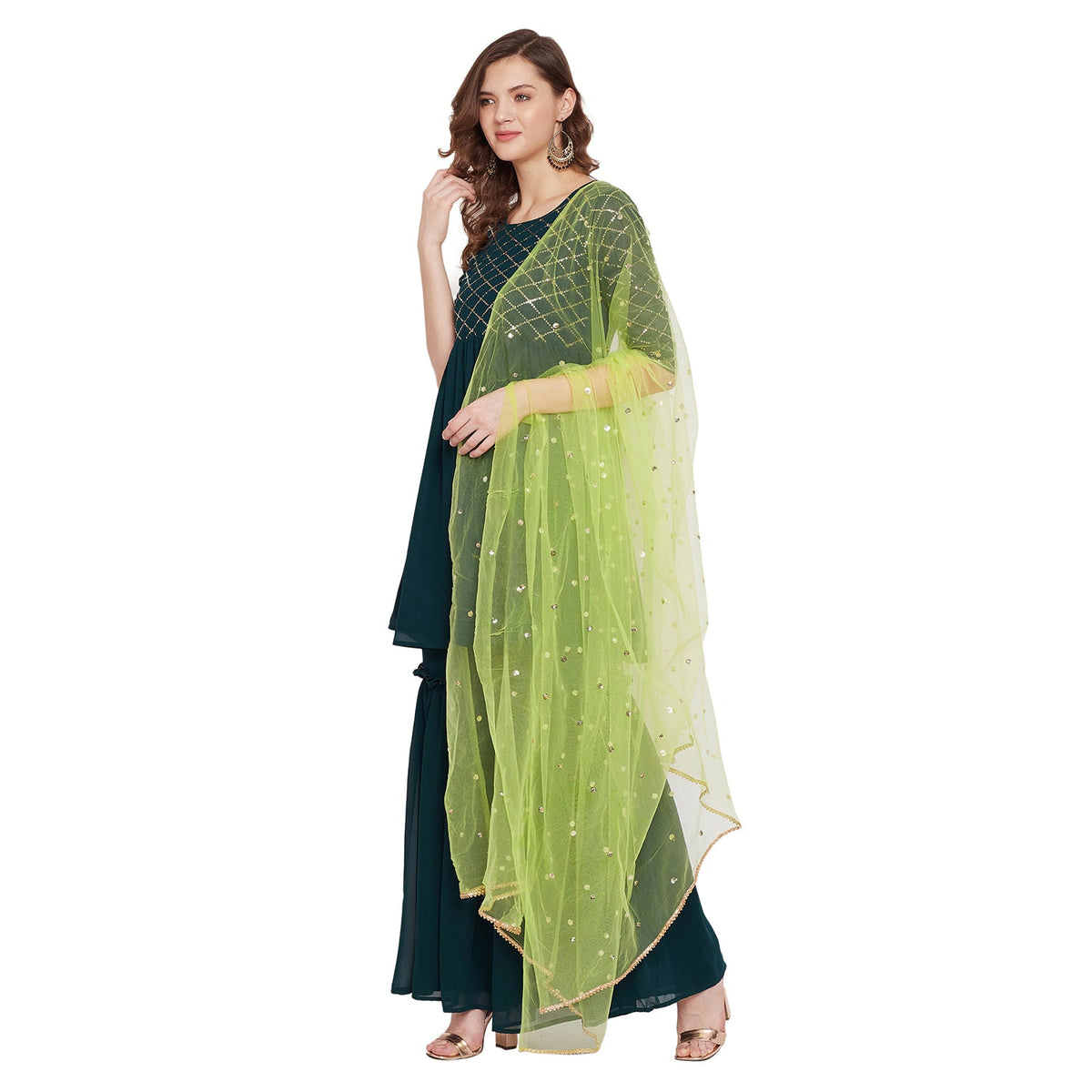 Dark green yoke and sleeve jaal embroidered sharara set with lime green dupatta