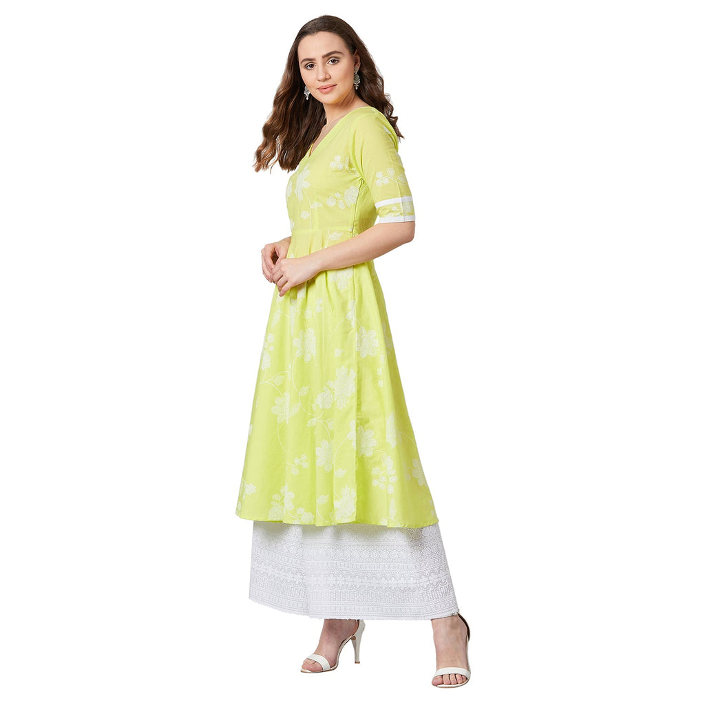 Women Lime Green & White Printed Anarkali Kurta