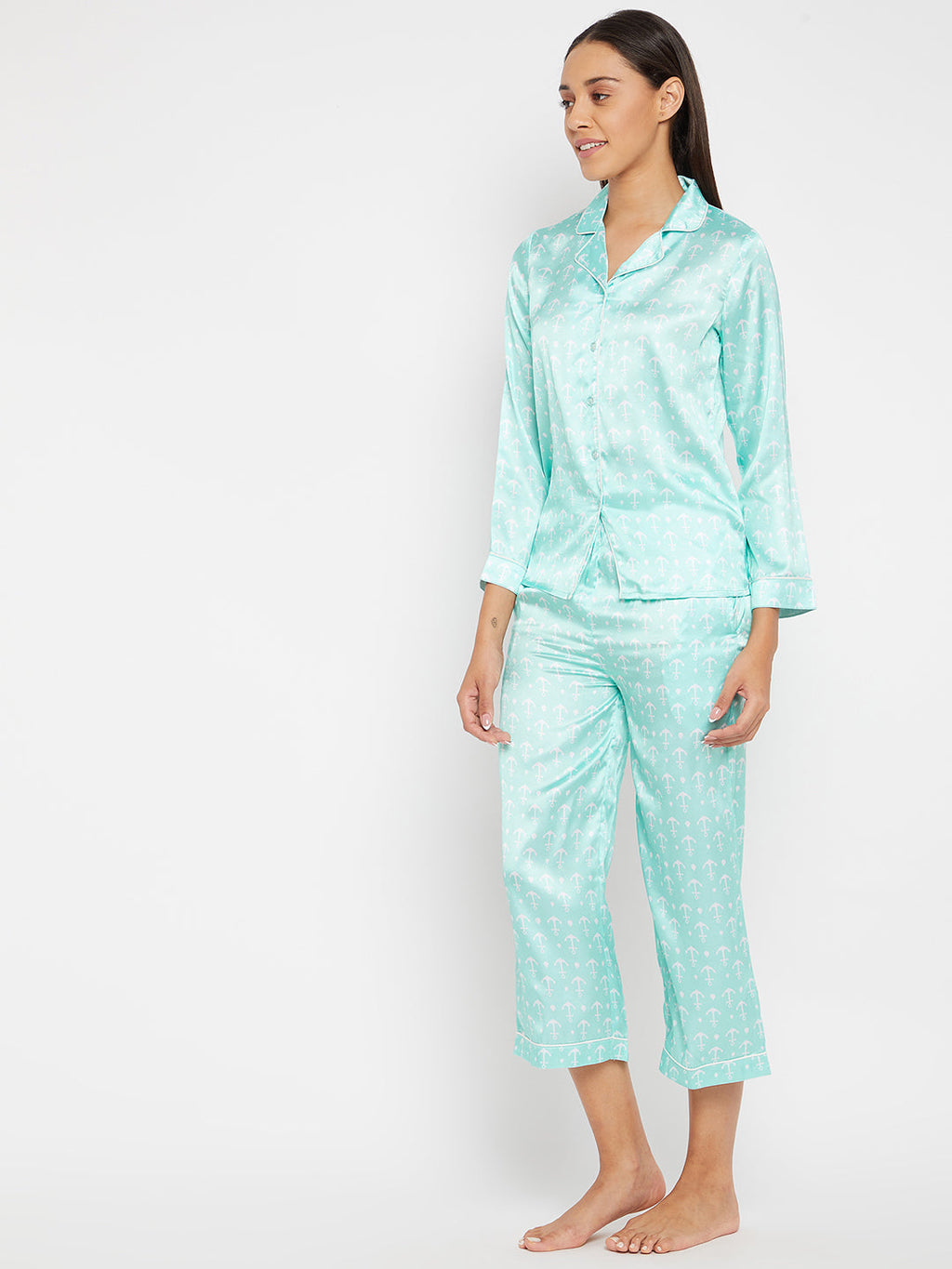 Women Blue & White Printed Night suit