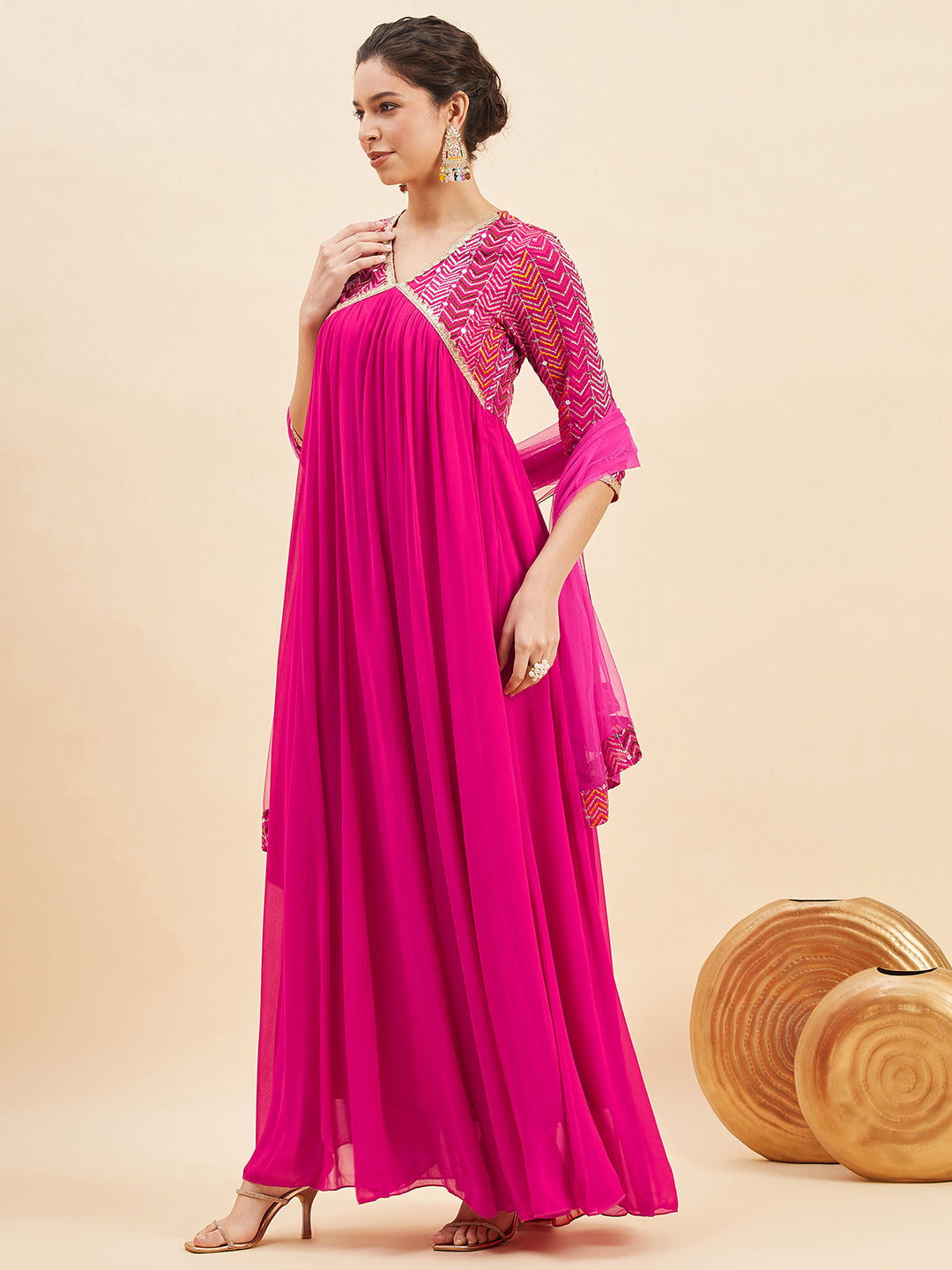 Sequinned Embellished Empire Maxi Ethnic Dress With Dupatta