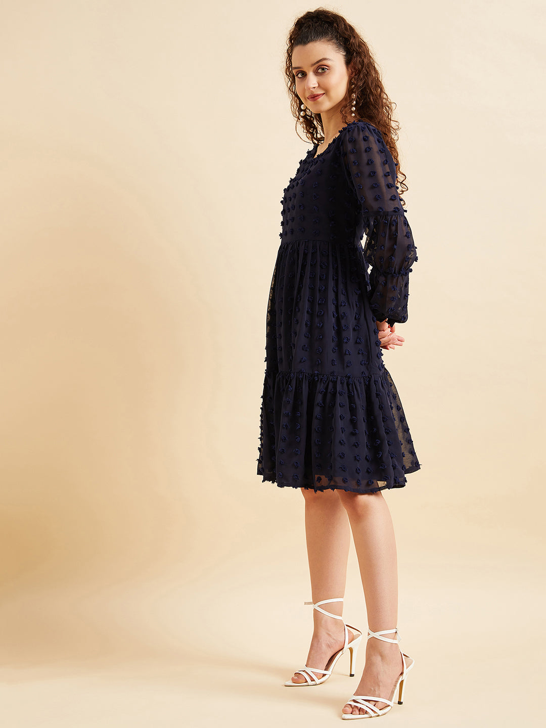 Women Puffed Sleeves Self Design Tiered Fit  Flare Georgette Dress