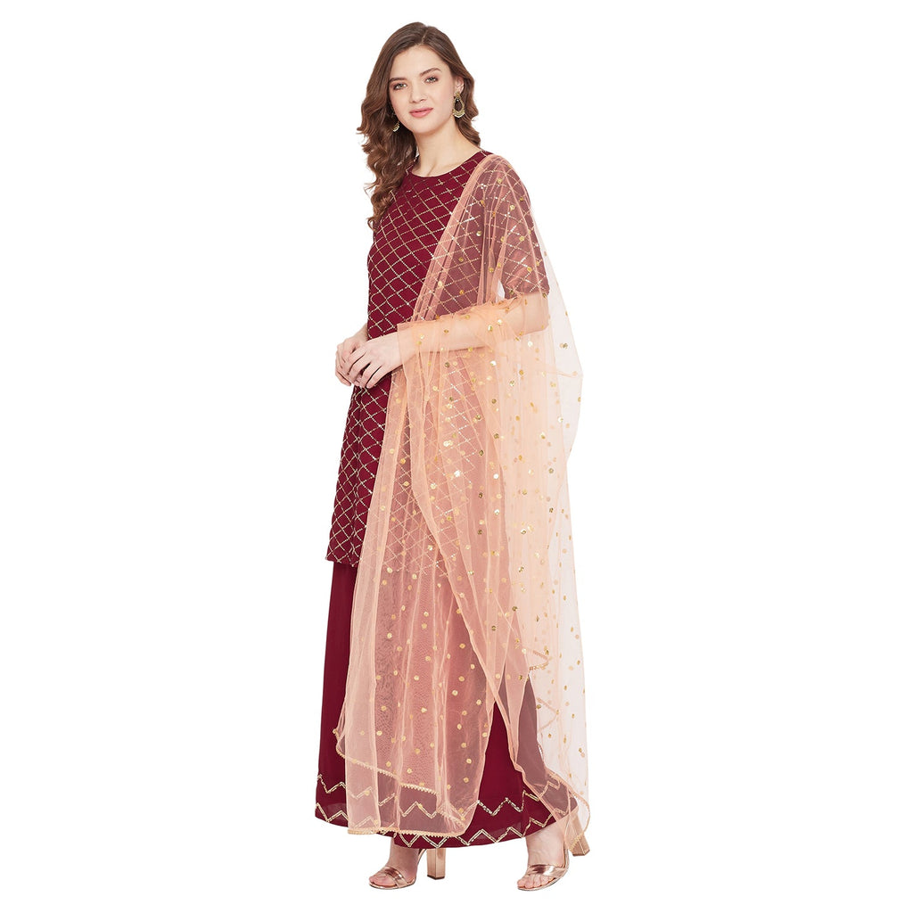 Maroon jaal embroidered kurta and sharara with peach dupatta