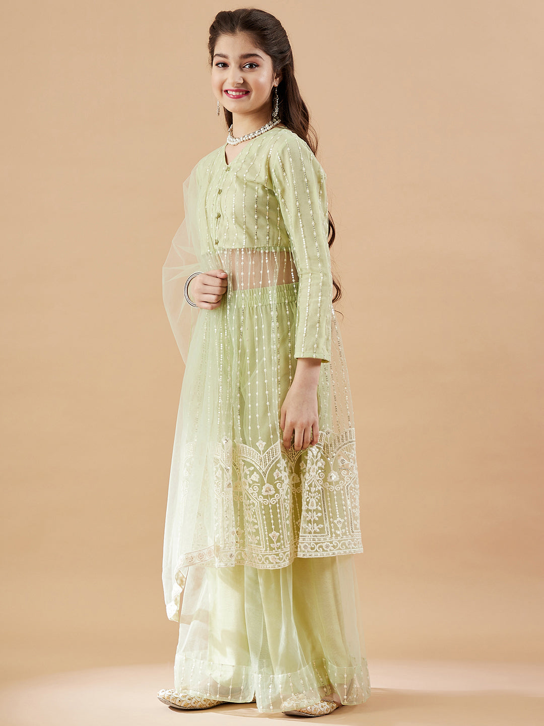 Girls Embroidered Net Empire Kurta with Sharara & With Dupatta