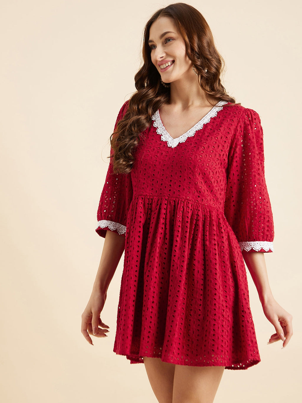 Women Maroon V-Neck Fit & Flare Mini Dress