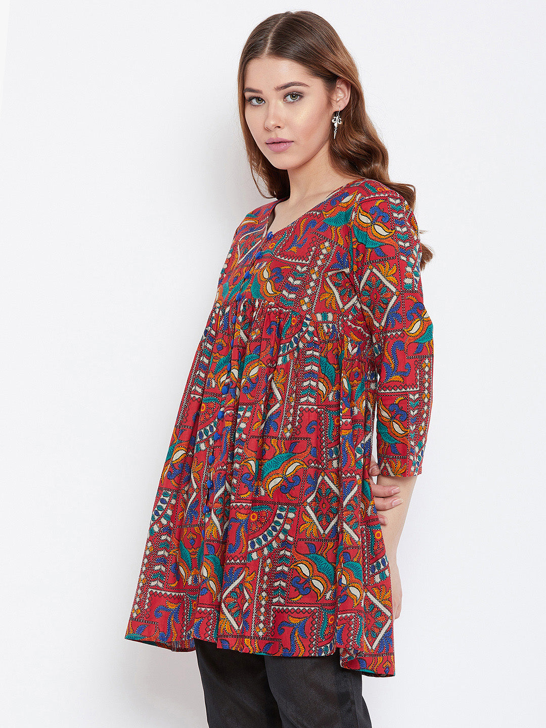 Women Red Printed Pure Cotton Anarkali Pure Cotton Kurti