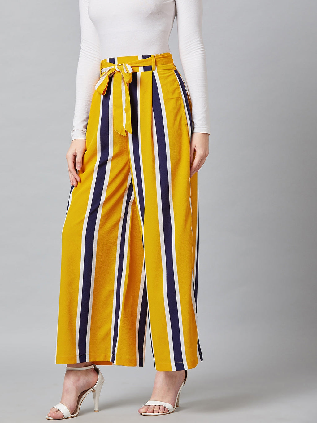 PANIT Women Yellow & Blue Relaxed Loose Fit Striped Trouser