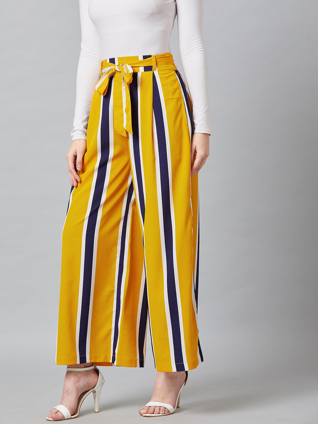 PANIT Women Yellow & Blue Relaxed Loose Fit Striped Trouser