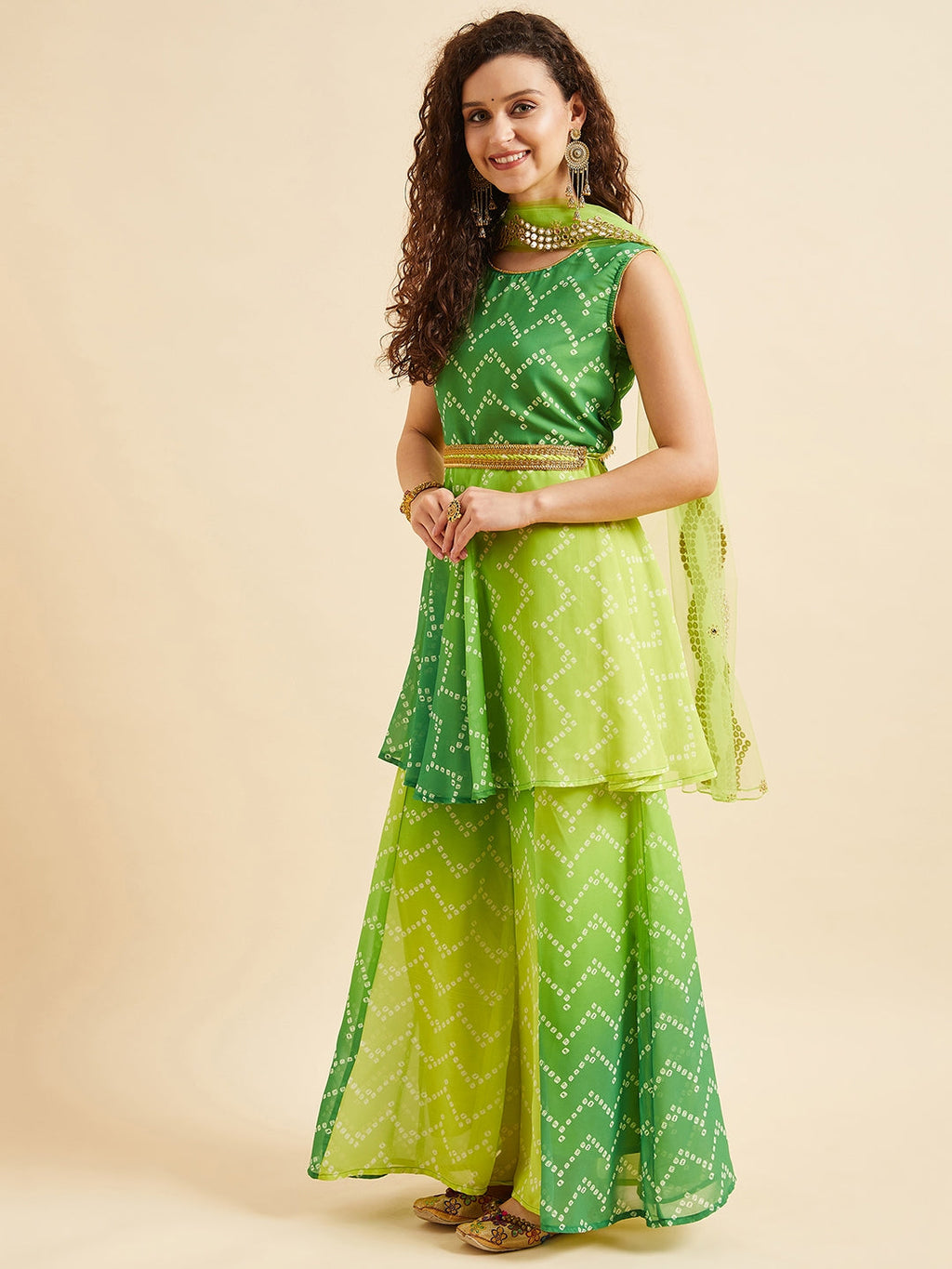 PANIT Green Bandhani Printed Zardozi Kurta with Sharara & With Dupatta