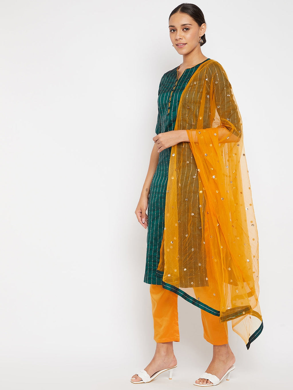 Women Green Mustard Sequin Straight Kurta Set with Dupatta