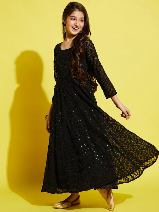 Girls Floral Embroided Maxi Dress - Black