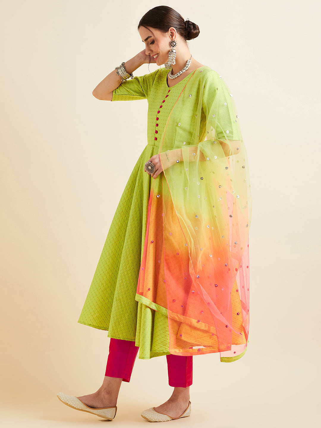 Women Neon Green Pleated Golden Thread Work Kurta Set With Trouser And Dupatta