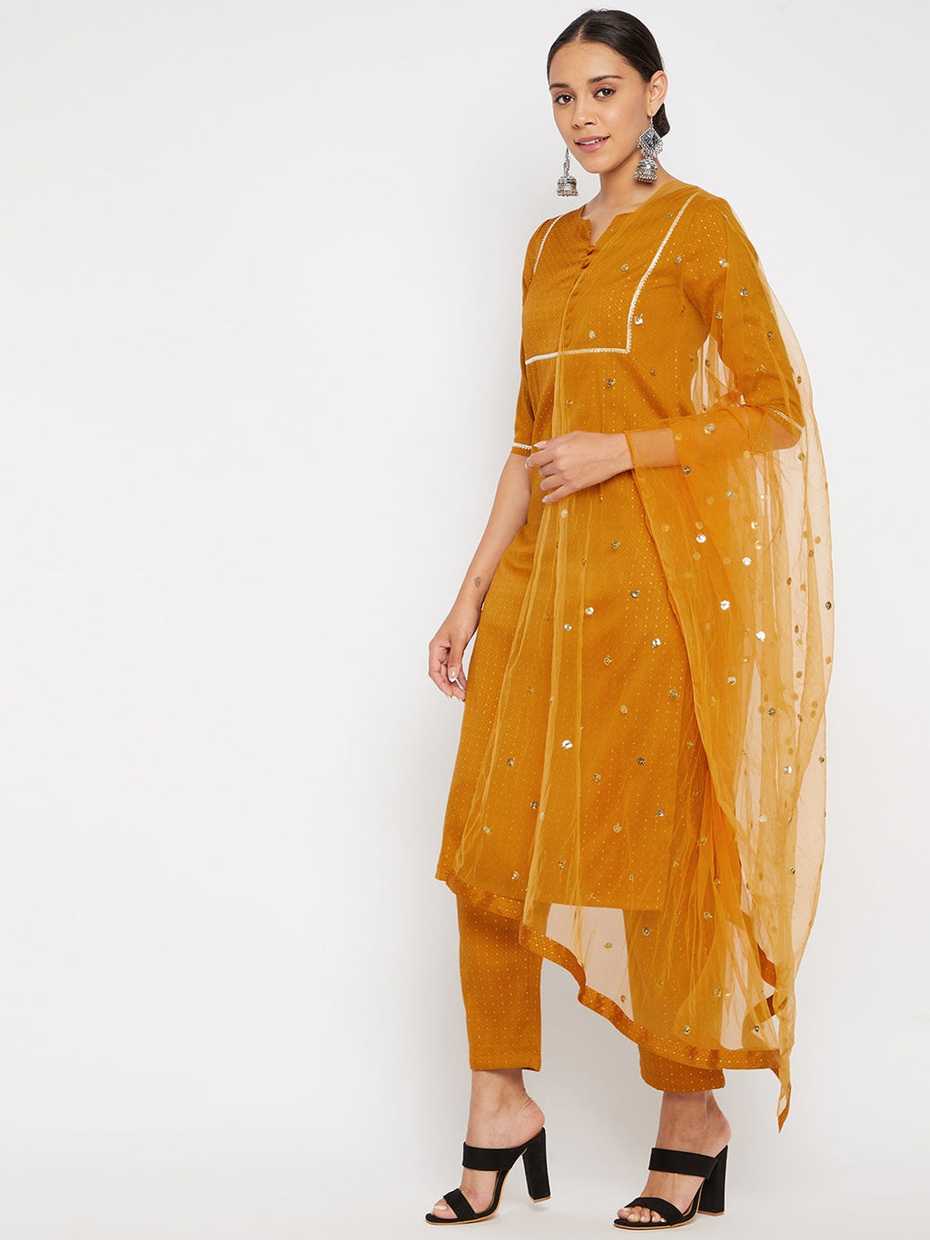 Women Mustard Blue Sequin Straight Kurta Set with Dupatta