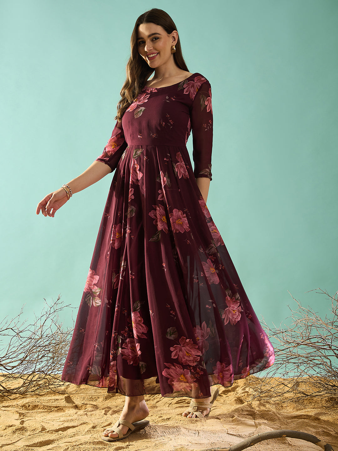 Maroon Floral Printed Fit and Flared Maxi Dress