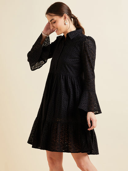 Women Black Shirt Collar Bell Sleeve Ruffled Schiffli Cotton A-line Dress