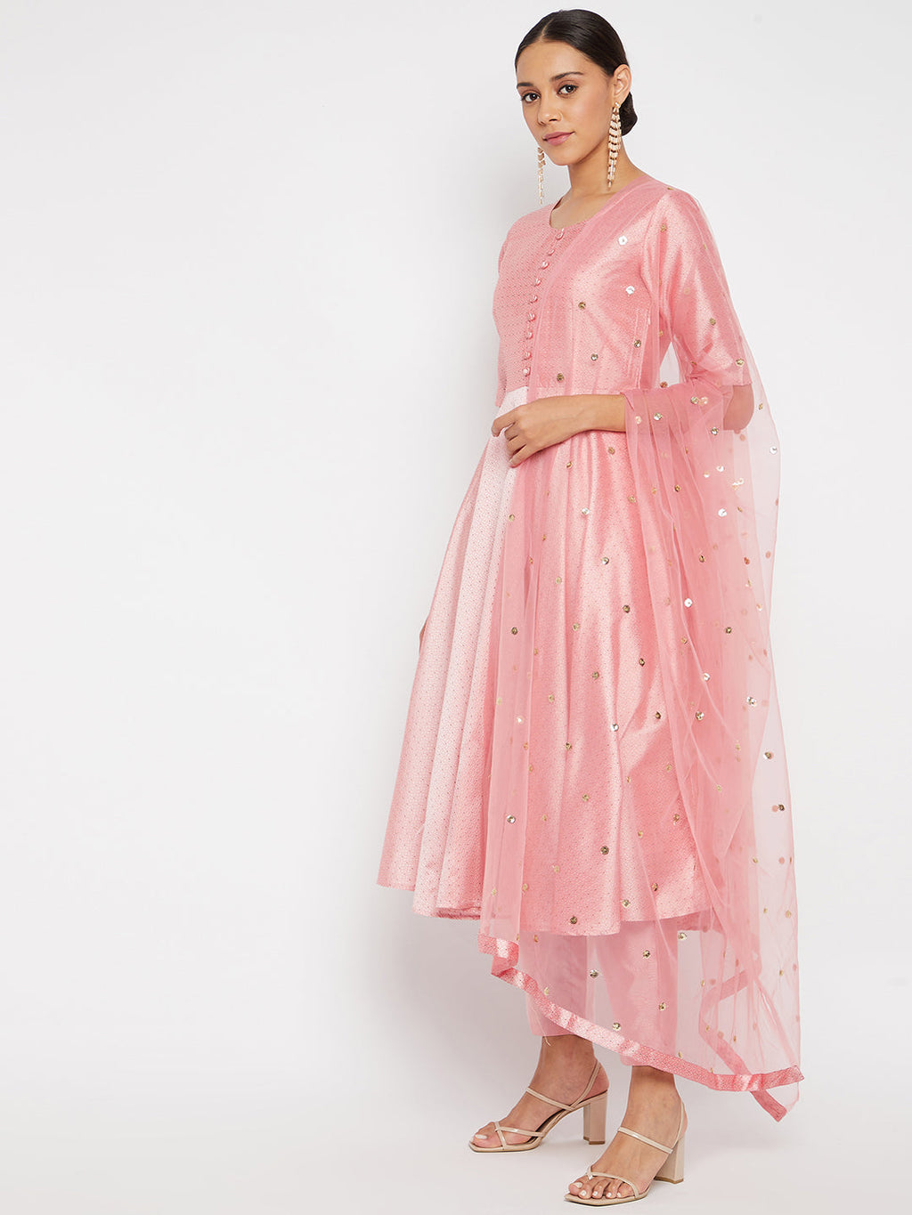Women Rose Gold Pleated Golden Thread Work Kurta Set With Trouser And Dupatta