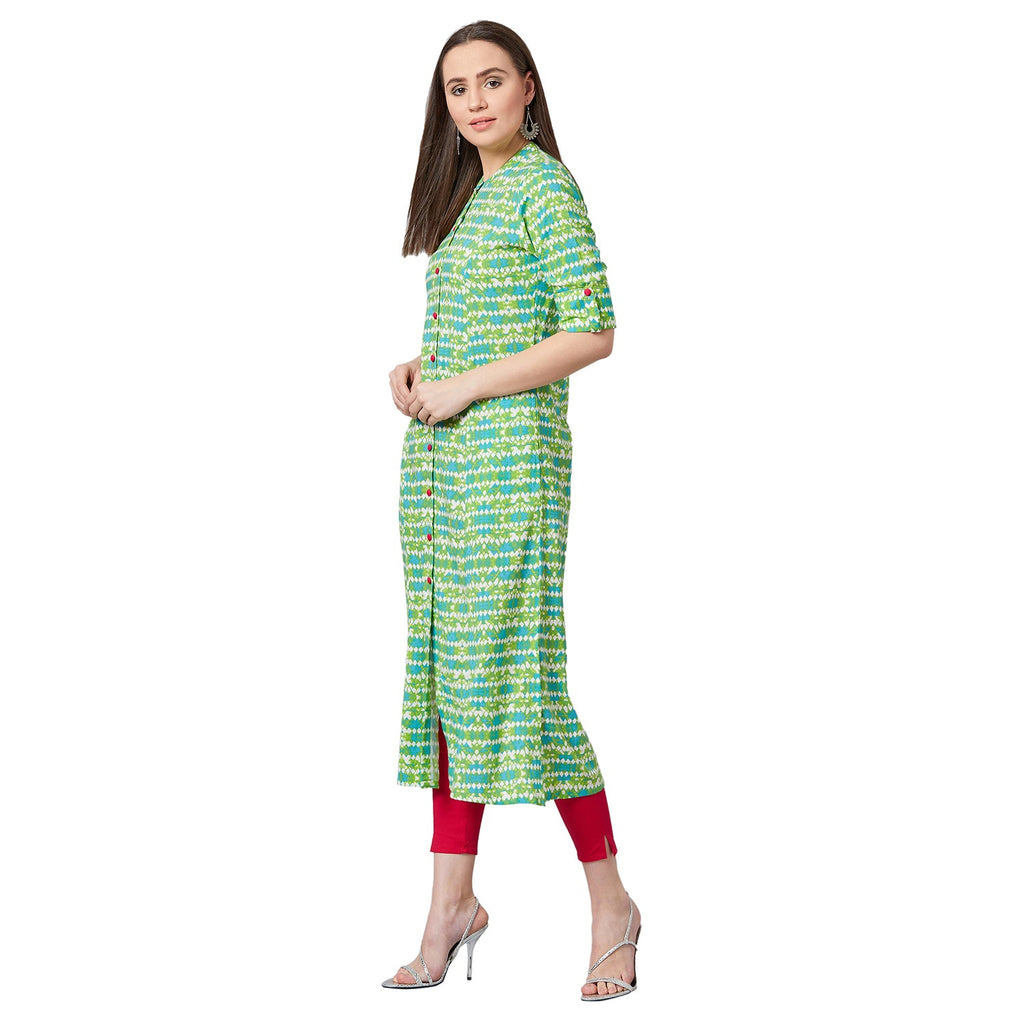 Women Green Printed A-Line Kurta