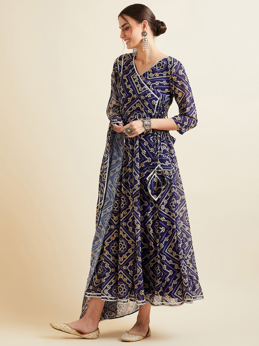 Bandhani Printed Georgette Angrakha Ethnic Dress With Dupatta