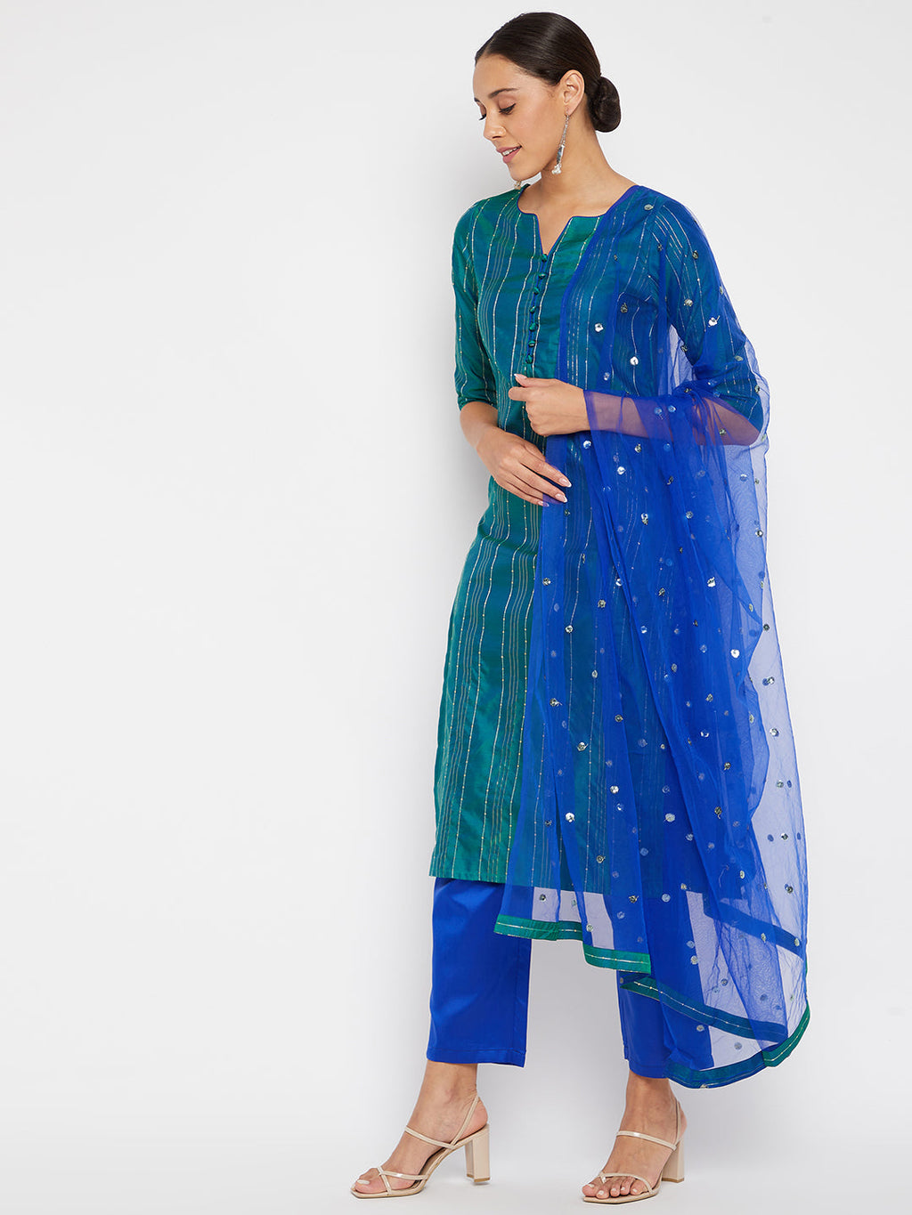 Women Green Blue Sequin Straight Kurta Set with Dupatta