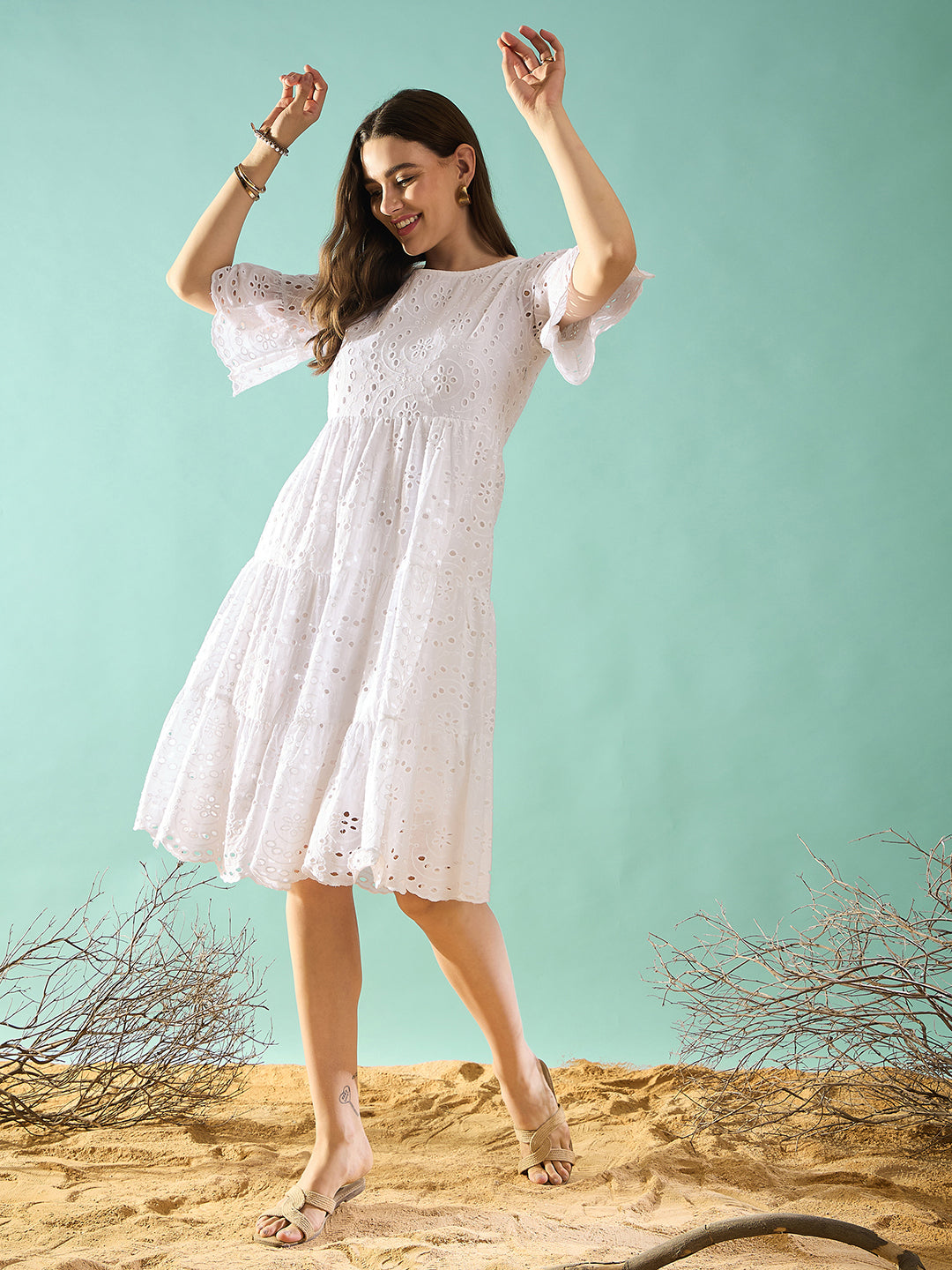 White schiffli tiered A-Line Dress