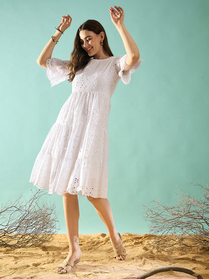 White schiffli tiered A-Line Dress