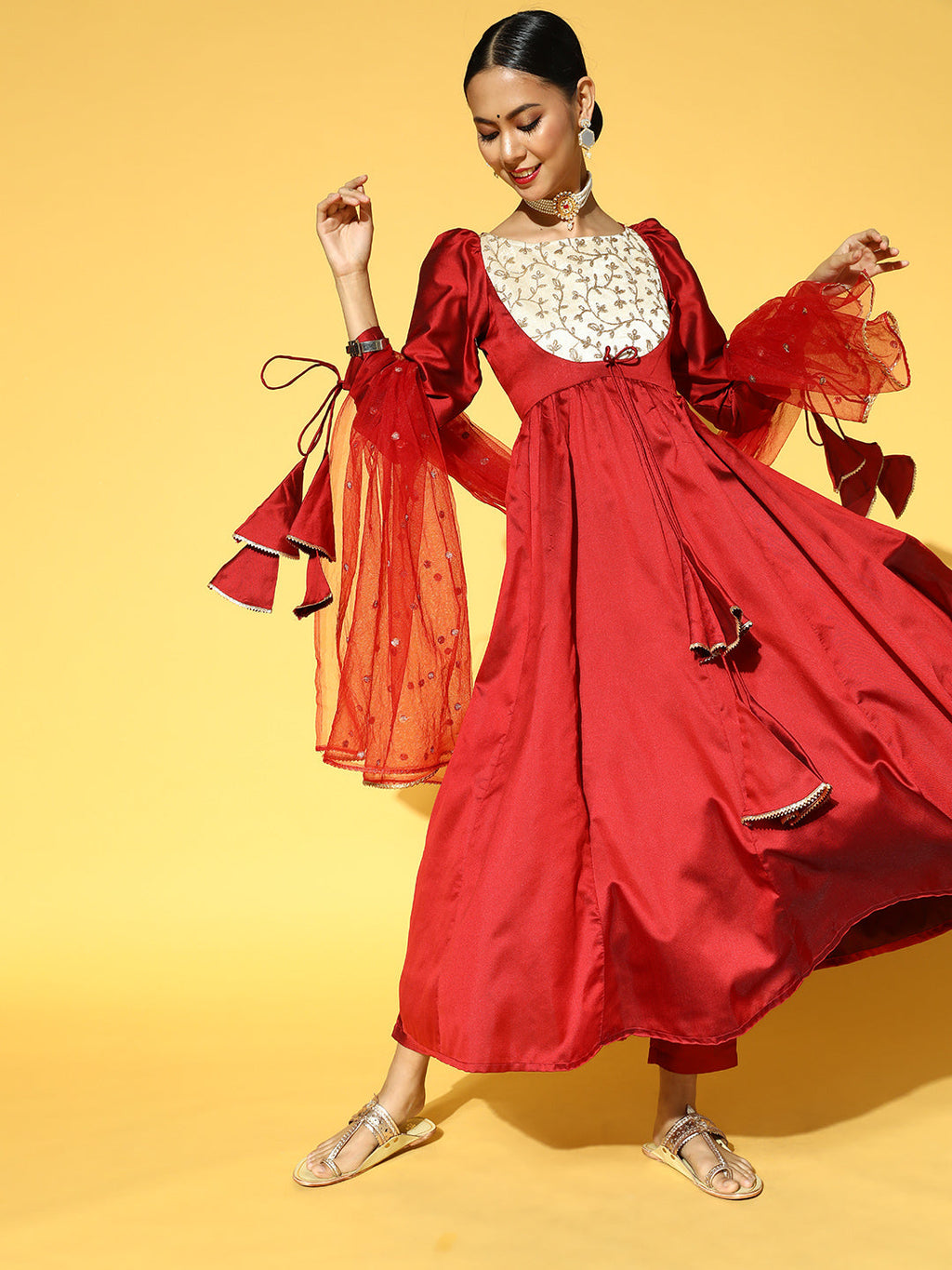 Women Maroon Yoke Design Dupion Silk Anarkali Kurta with Trousers & Dupatta