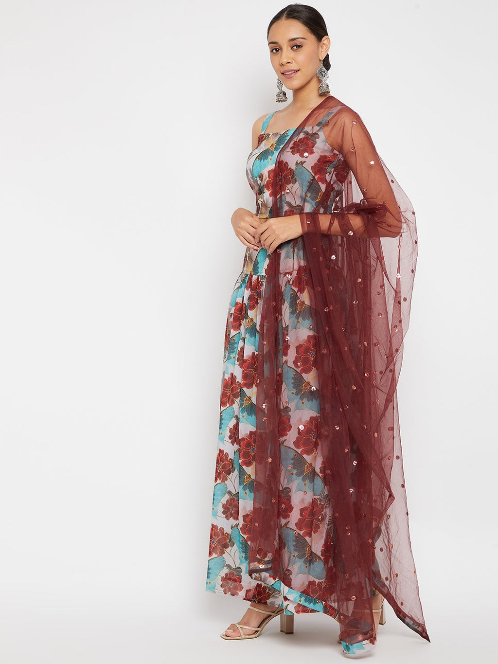 Women Blue Floral Printed Regular Top with Skirt & With Dupatta