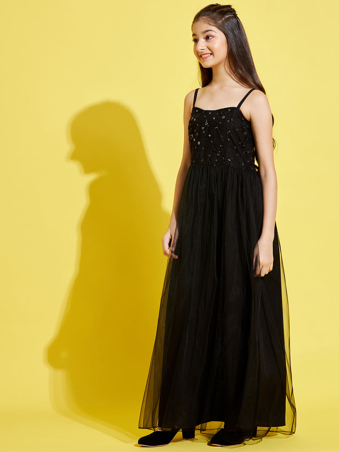 Girls Black Floral Net Maxi Dress