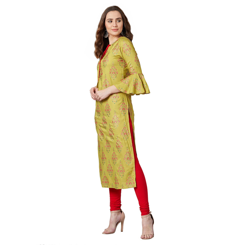 Women Mustard Yellow Printed A-Line Kurta