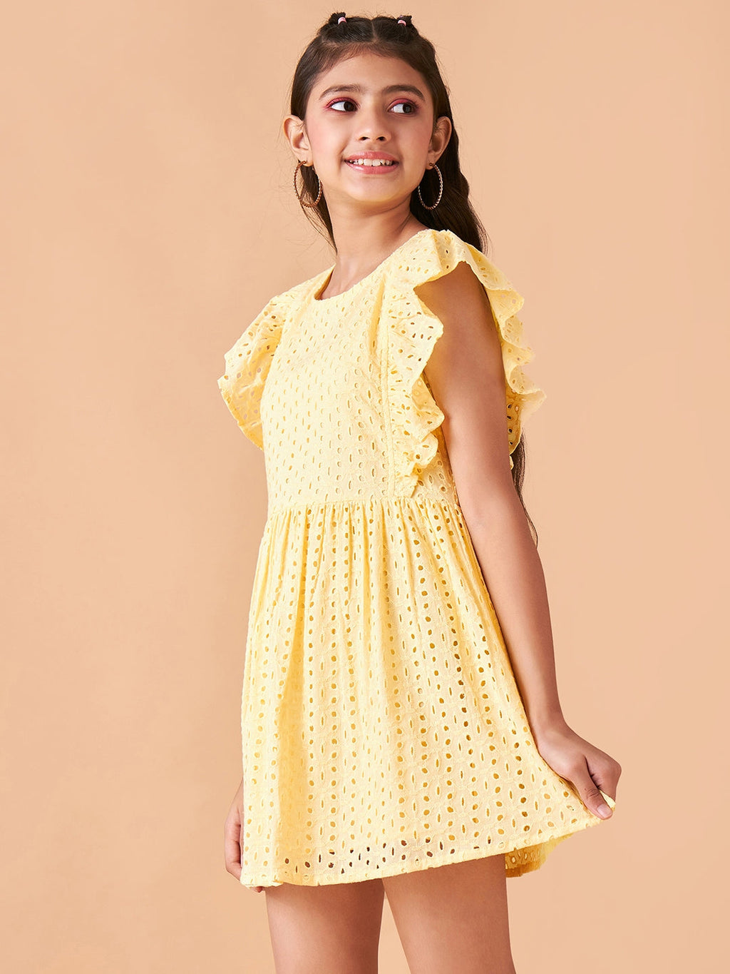 Girls Self Design Flutter Sleeve Cotton Fit & Flare Dress