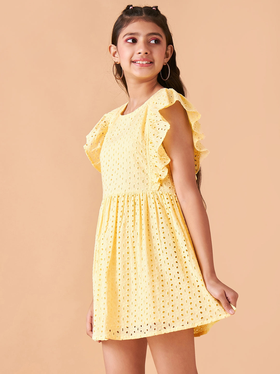 Girls Self Design Flutter Sleeve Cotton Fit & Flare Dress
