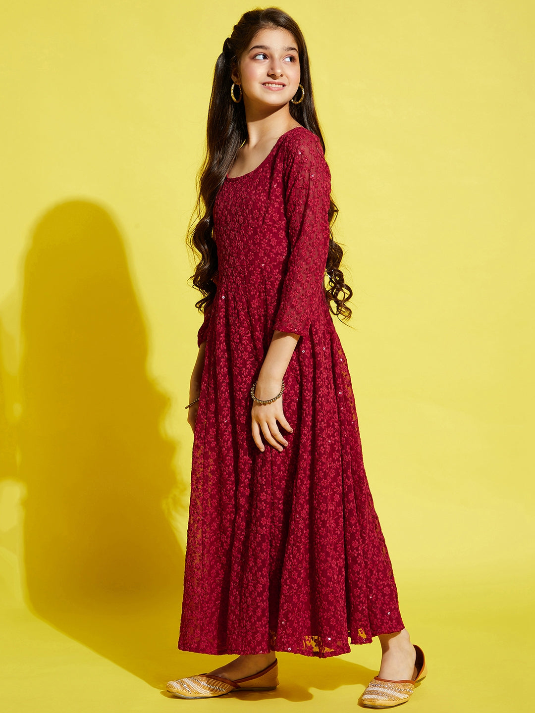 Girls Floral Embroided Maxi Dress - Maroon