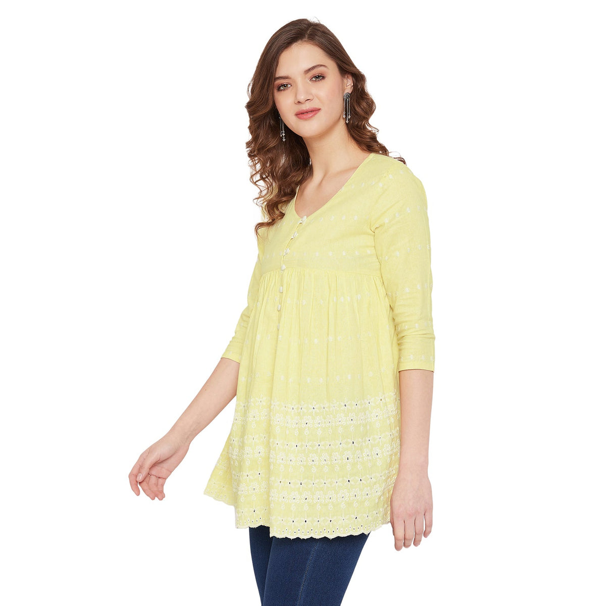 Women Yellow Schiffli A-Line Flared Top