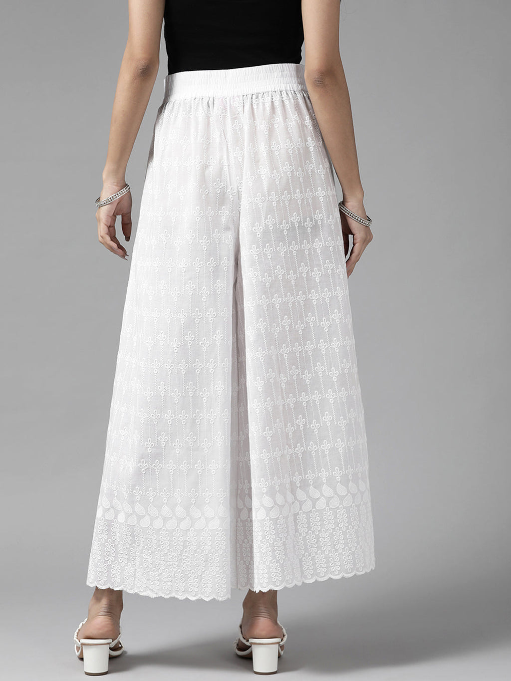 Women White Floral Embroidered Cotton Palazzos