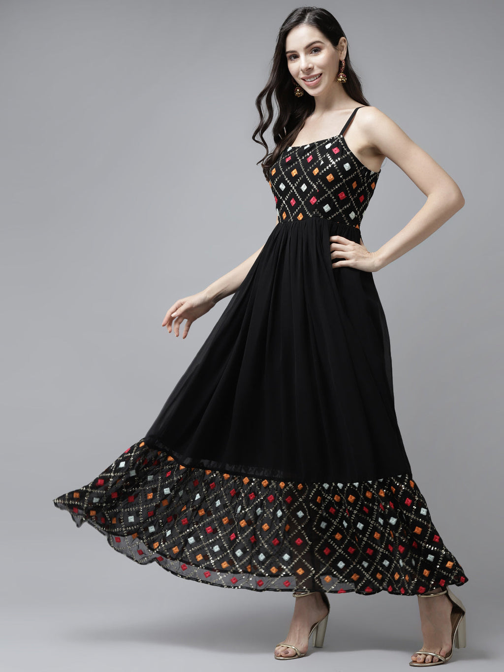 PANIT Women Black  Orange Embroidered Maxi Dress