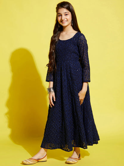Girls Floral Embroided Maxi Dress - Navy Blue