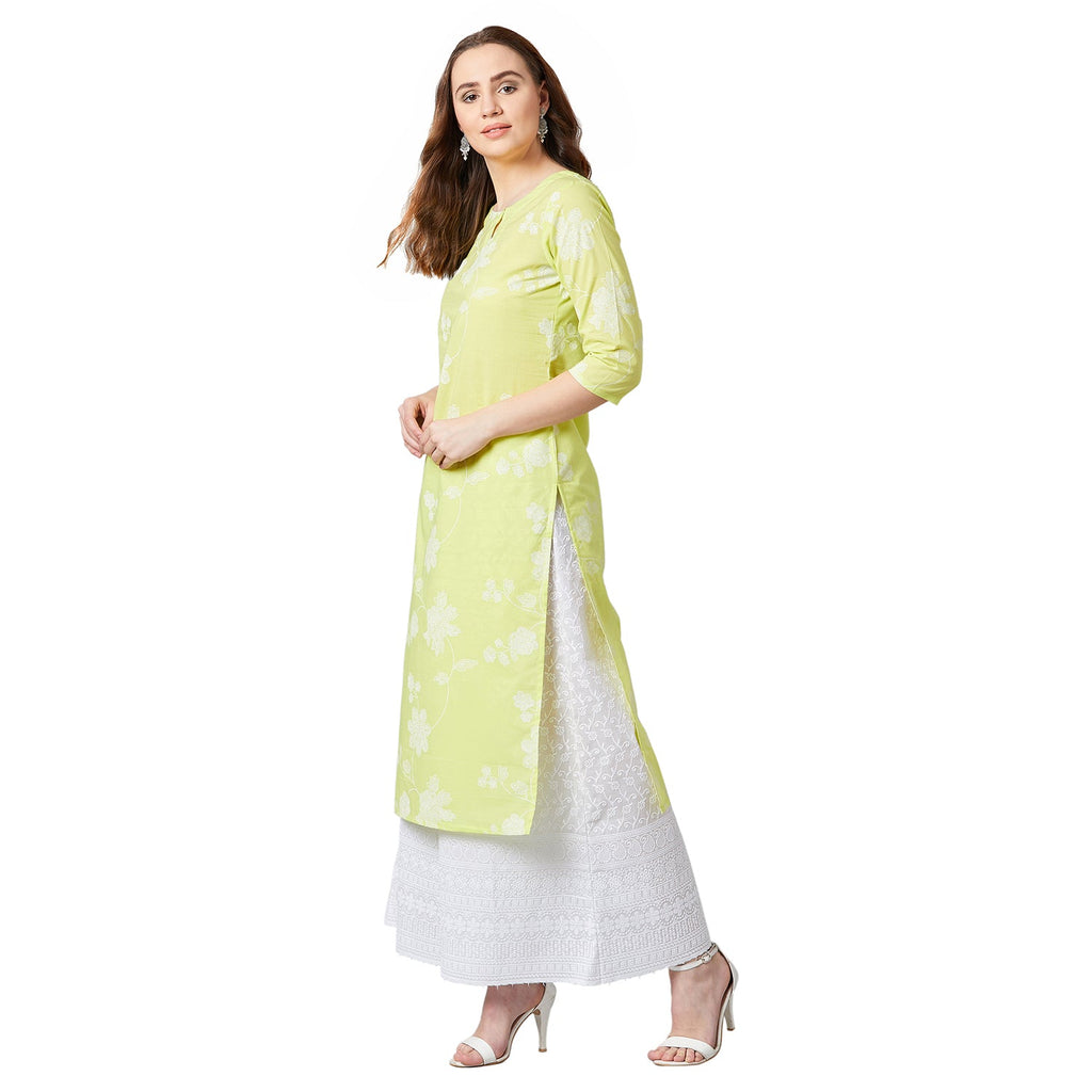 Women Lime Green Printed Straight Kurta