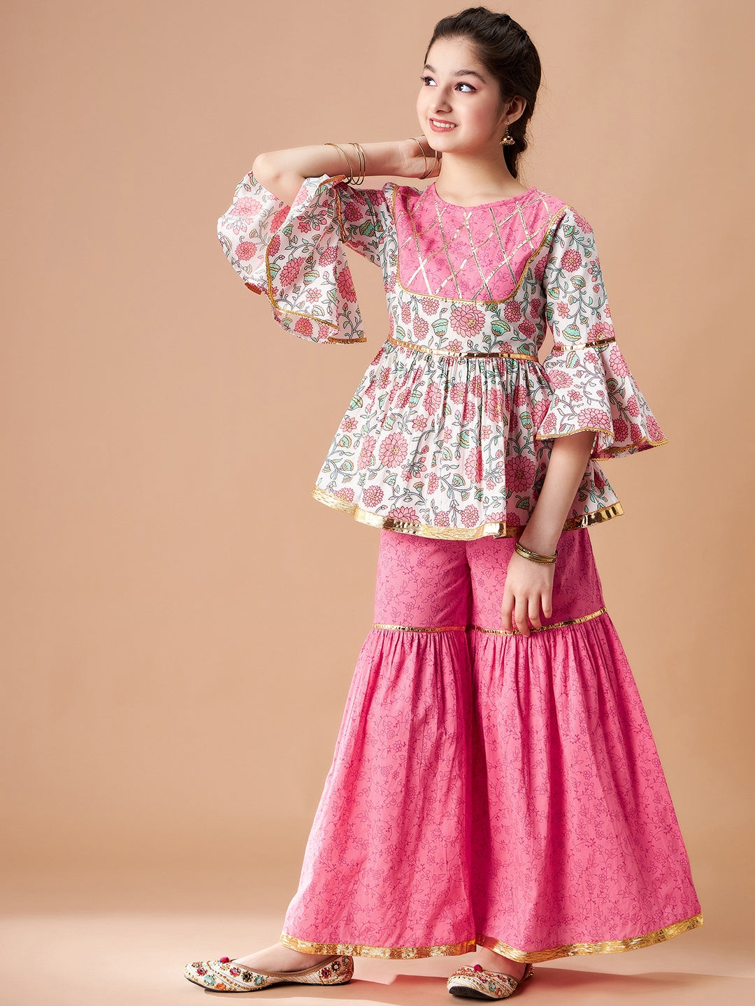 Girls Floral Printed Empire Gotta Patti Pure Cotton Kurti with Sharara