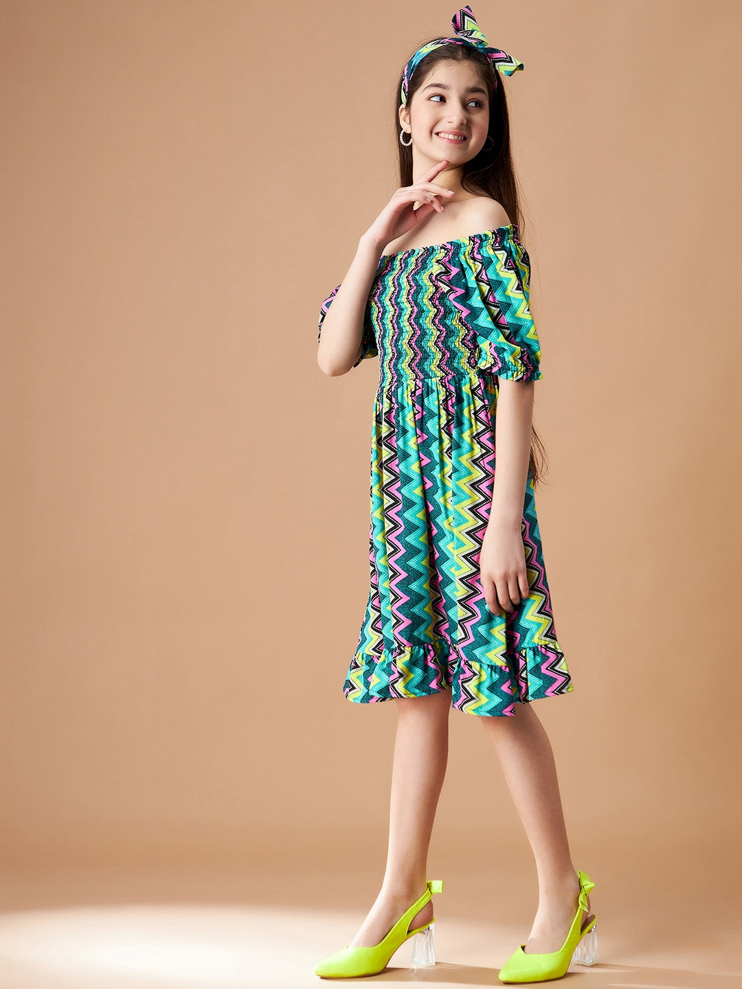 Chevron Printed Off-Shoulder Crepe A-Line Dress