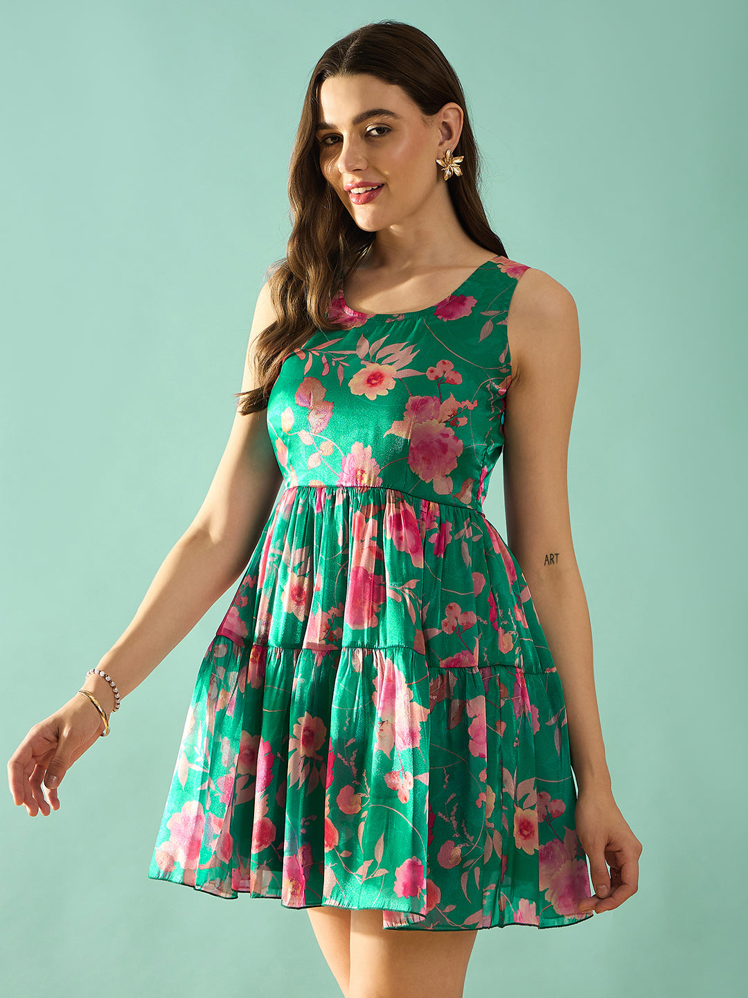 Green Floral Print Fit & Flare Dress