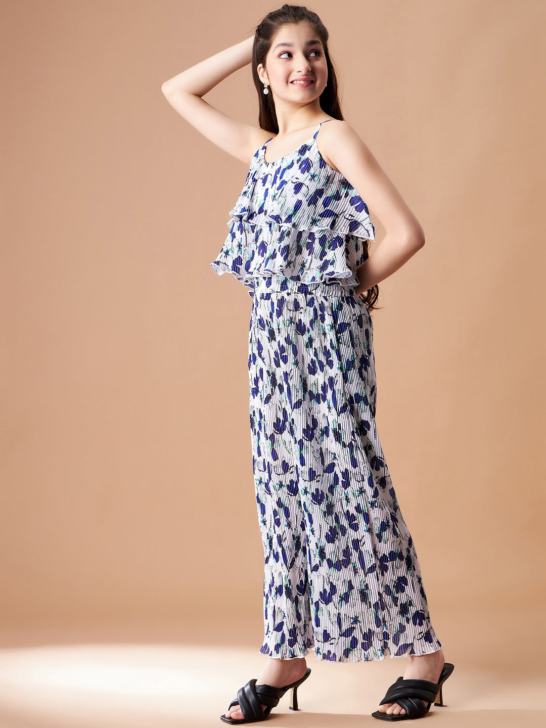Girls Blue Floral Printed Top with Trousers