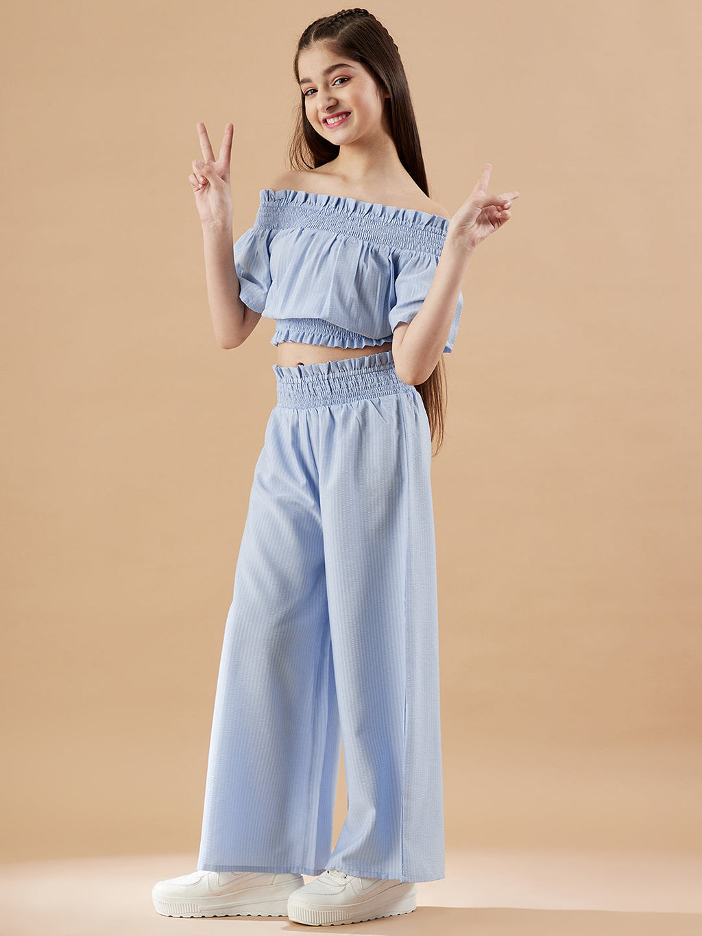 Girls Off-Shoulder Blue Top with Trousers