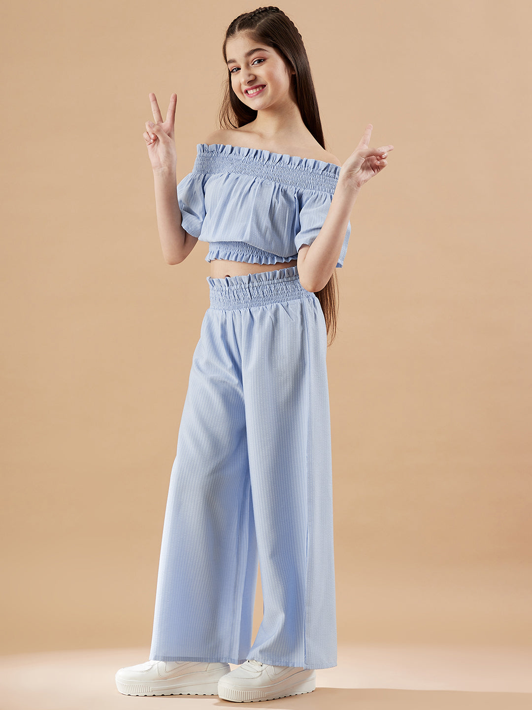 Girls Off-Shoulder Blue Top with Trousers