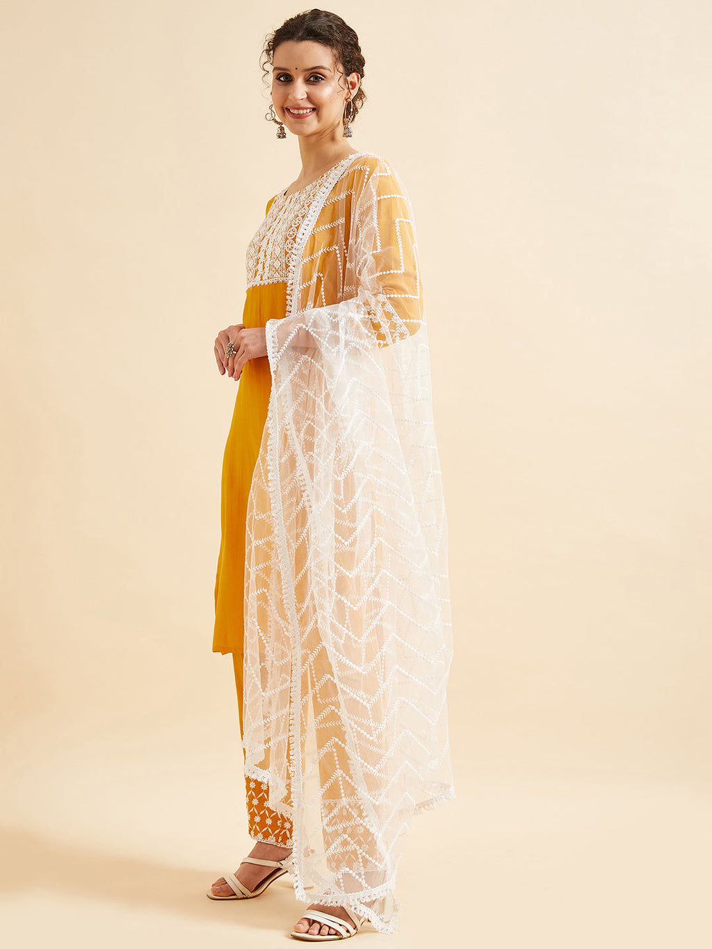 Yellow Ethnic Motifs Chinkari Work Regular Kurta with Trousers & Dupatta