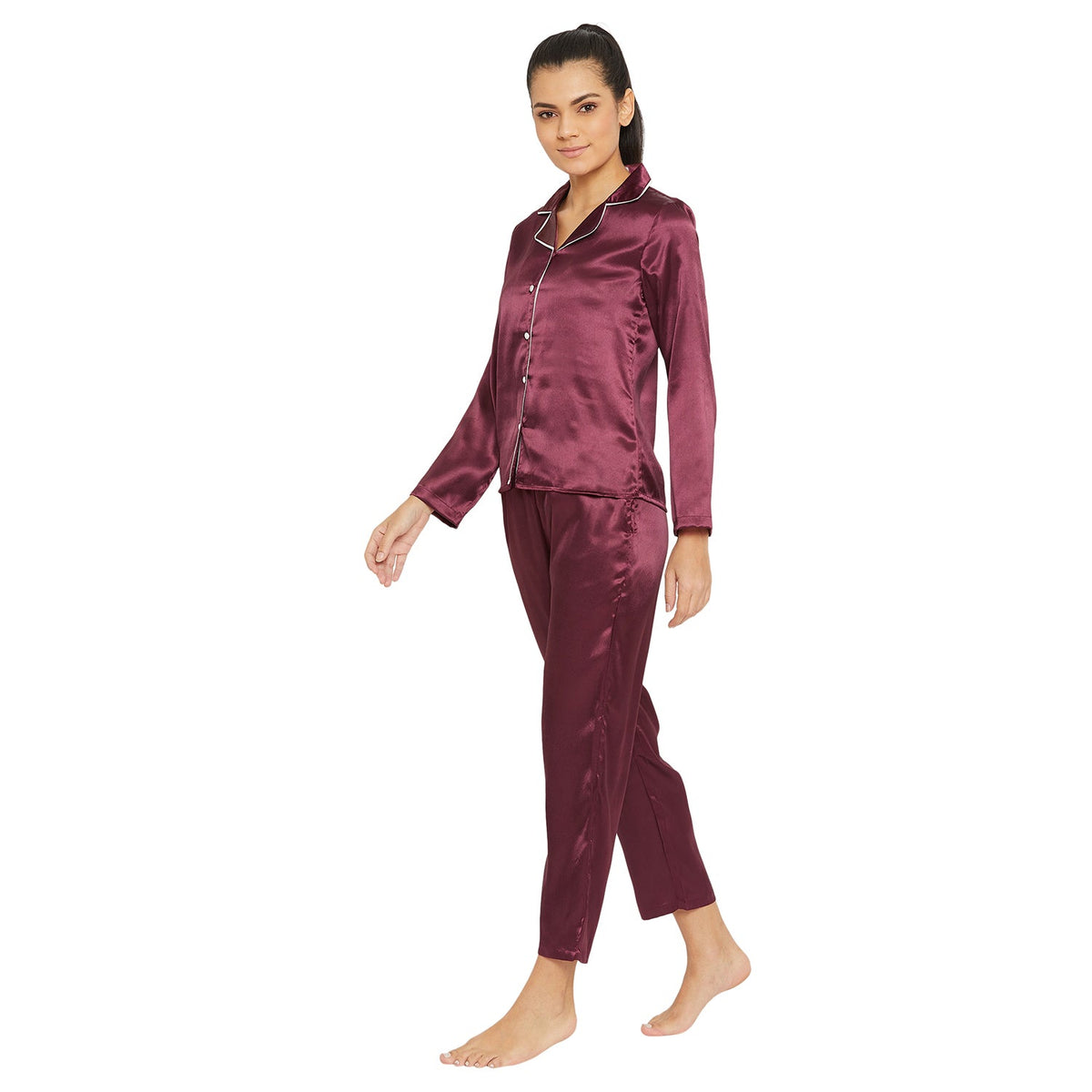 Women Wine Satin Finish Solid Night Suit