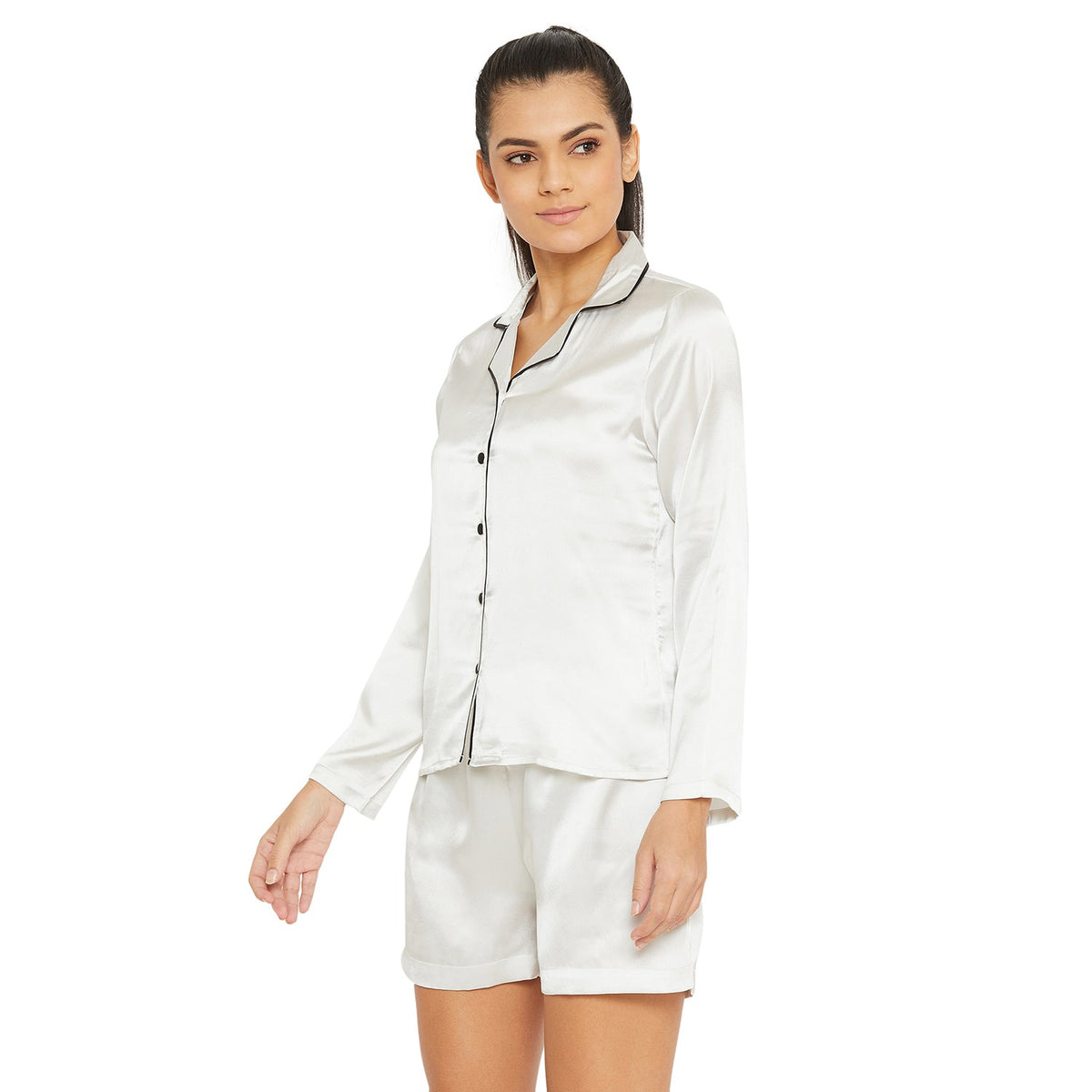 Women White Satin Finish Solid Night Suit