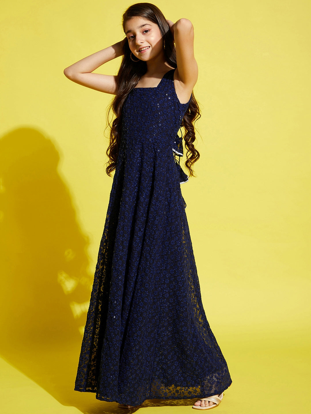 Navy Blue Floral Embroidered Ethnic Maxi Dress