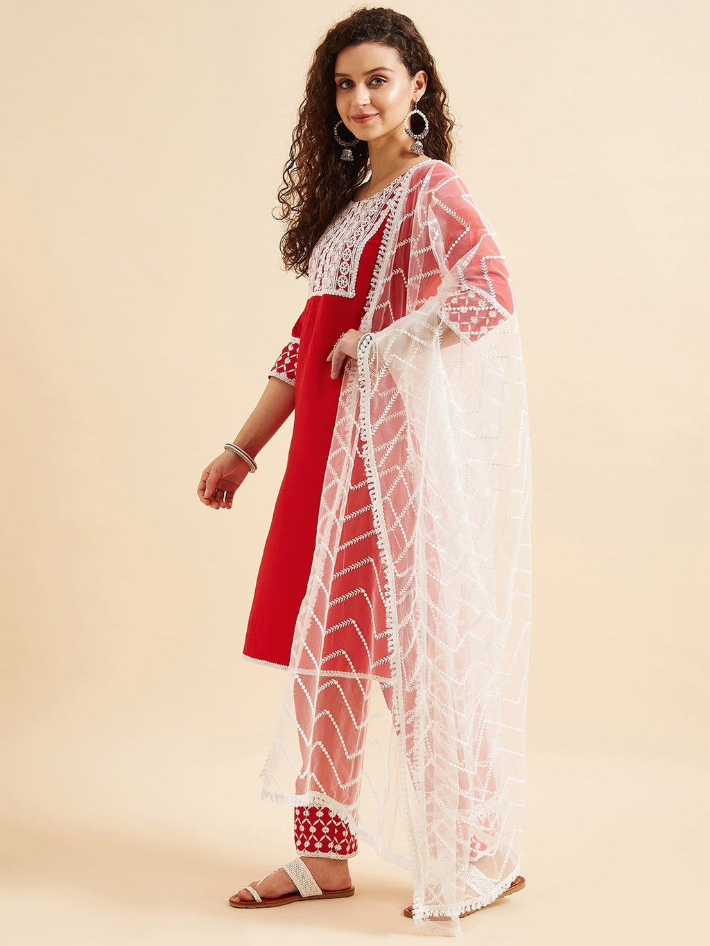 Red & White Ethnic Motifs Yoke Design Thread Work Kurta With Trousers & Dupatta