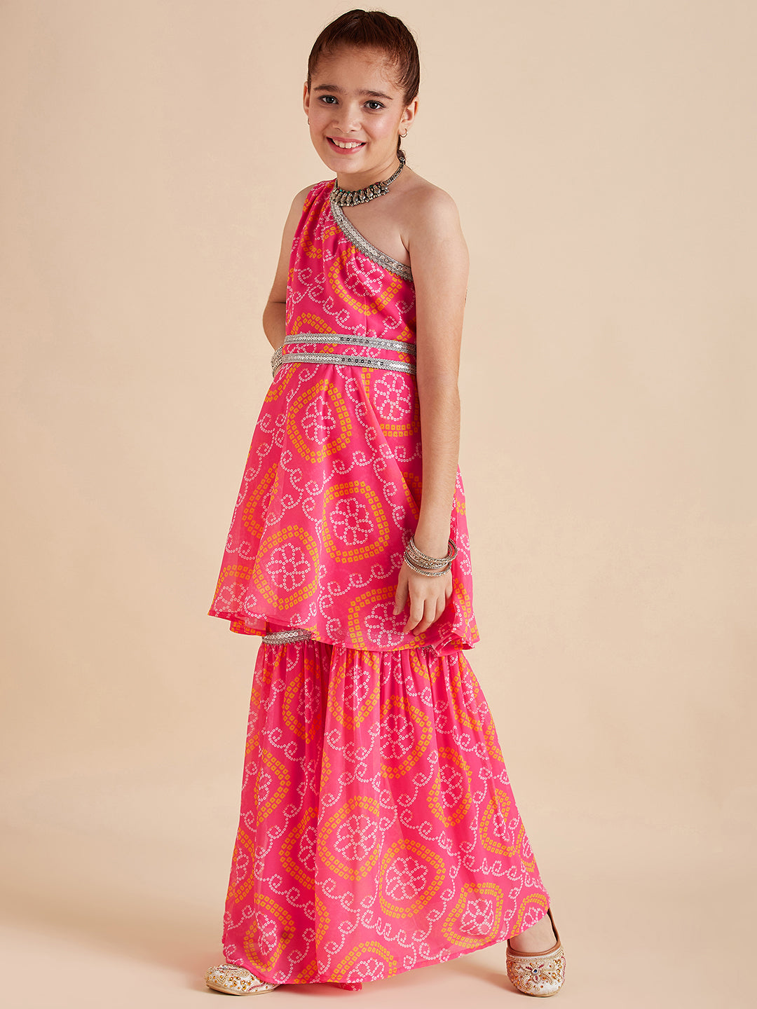 Girls Pink Bandhani Printed Empire Gotta Patti Kurta with Sharara