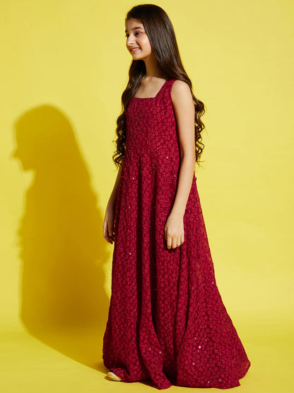 Maroon Floral Embroidered Ethnic Maxi Dress